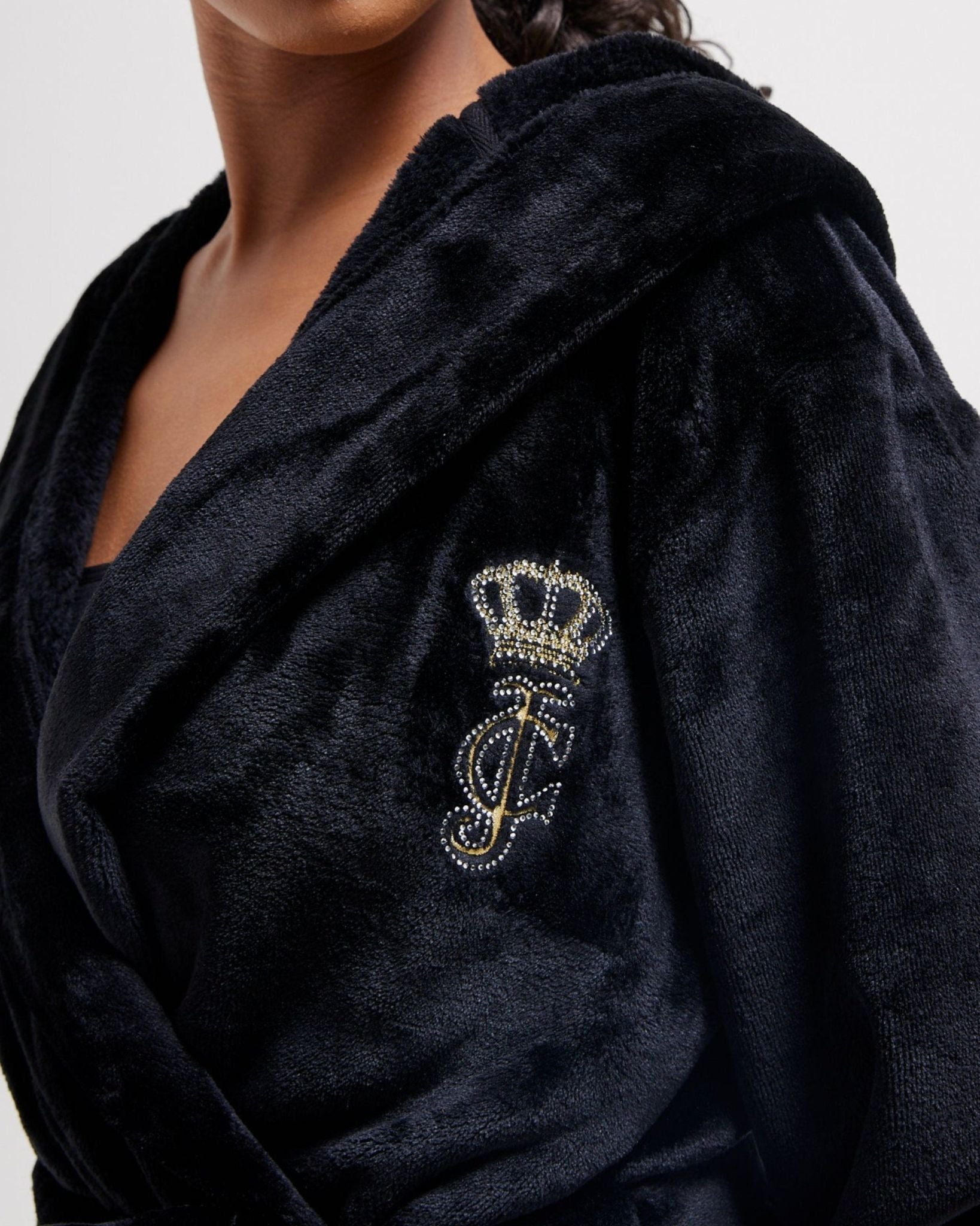 Crown Plush Hooded Robe Black