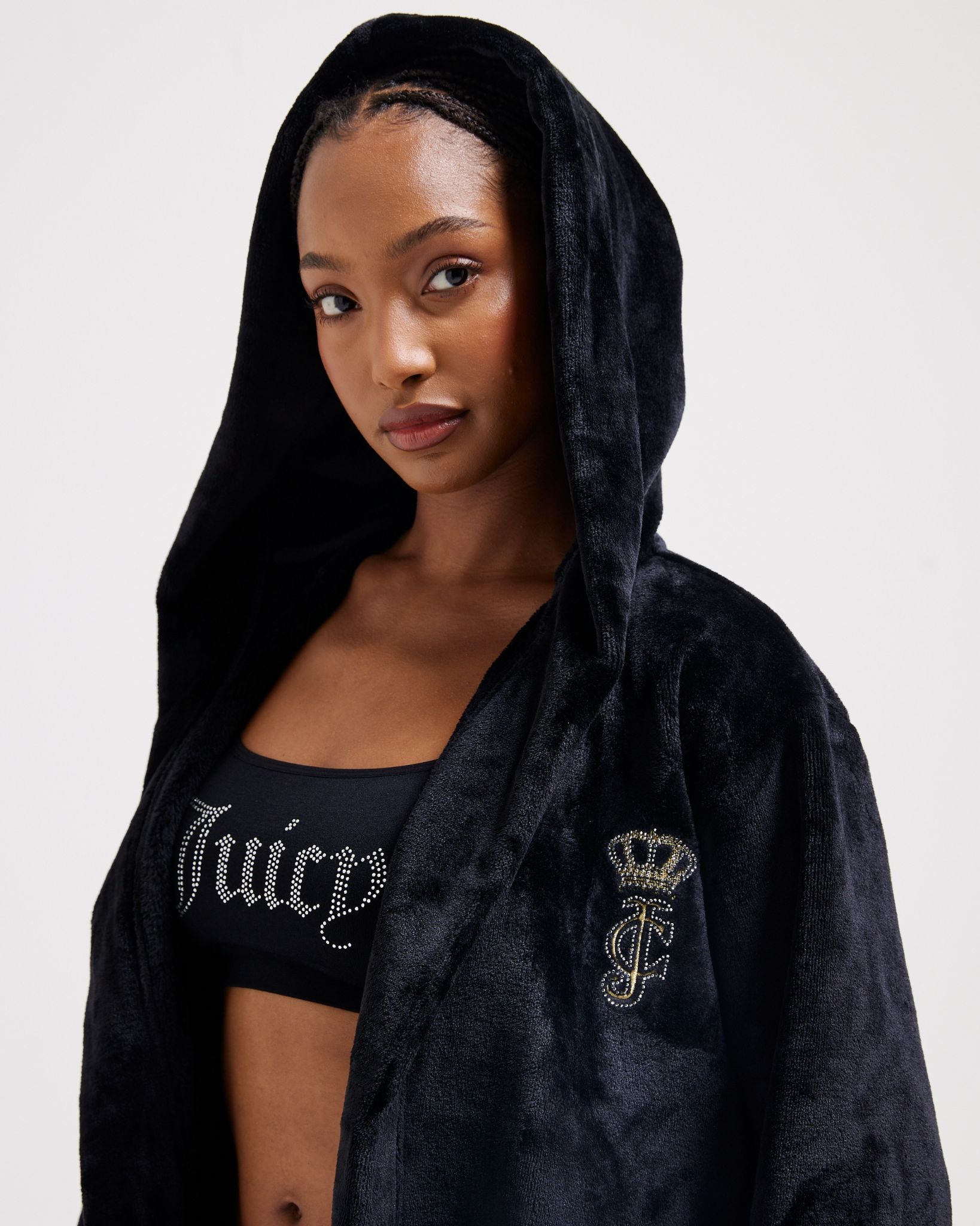 Crown Plush Hooded Robe Black