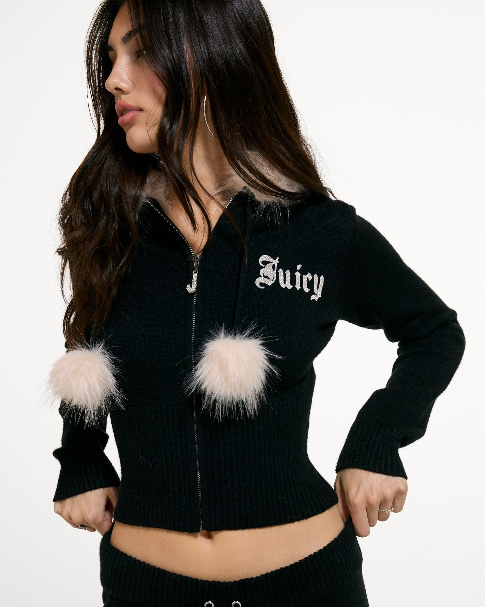 Knitted Diamante Hoodie With Fur Trim Collar Black