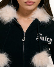Knitted Diamante Hoodie With Fur Trim Collar Black