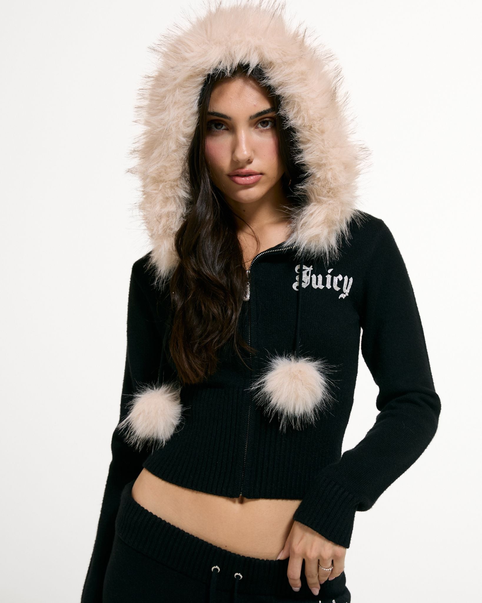 Knitted Diamante Hoodie With Fur Trim Collar Black