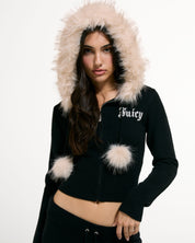 Knitted Diamante Hoodie With Fur Trim Collar Black