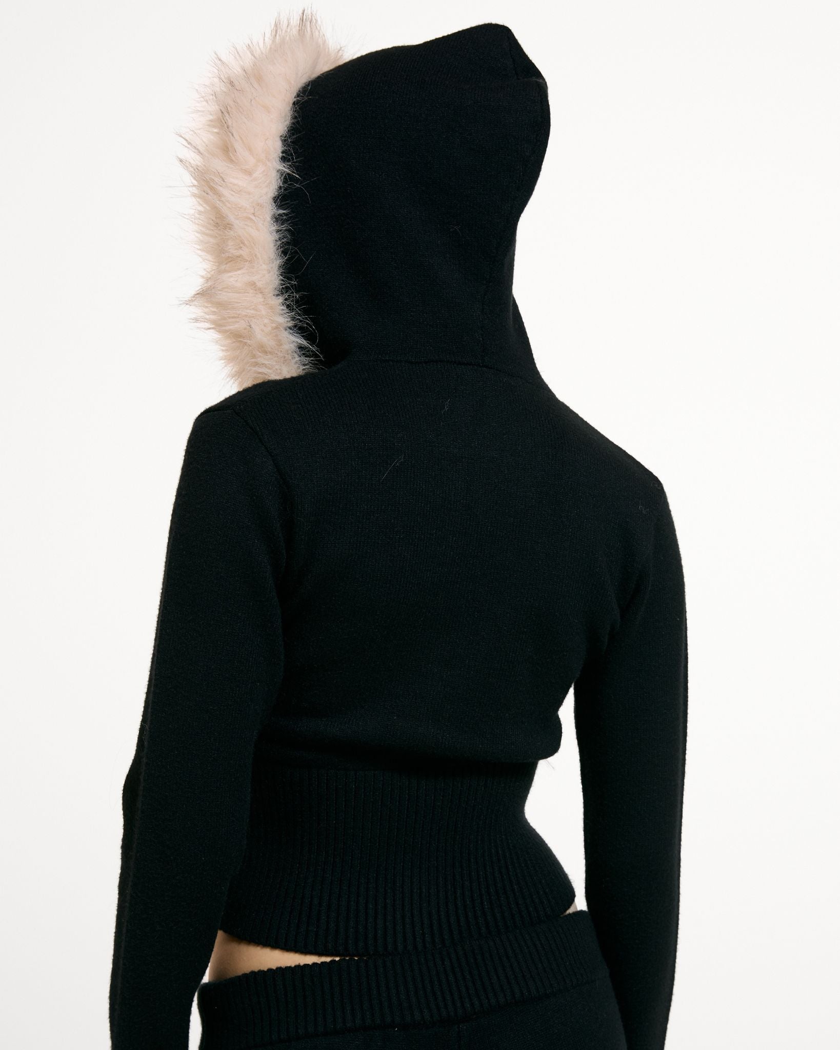 Knitted Diamante Hoodie With Fur Trim Collar Black