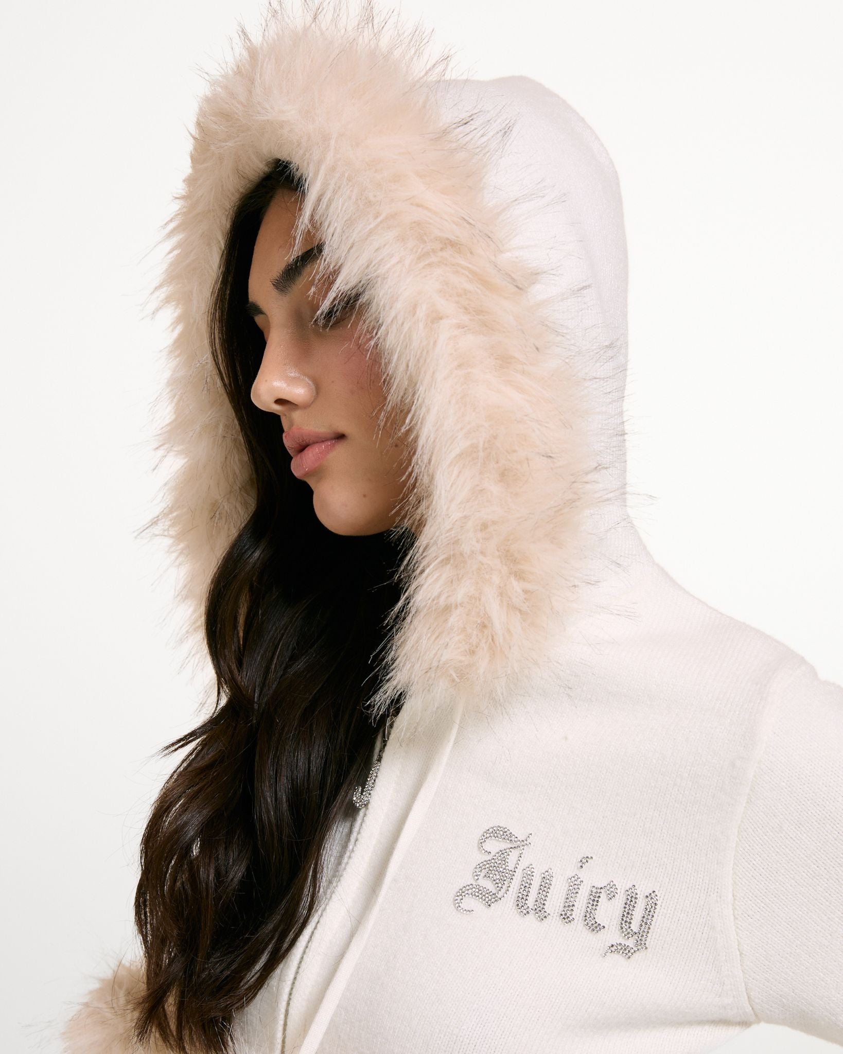 Knitted Diamante Hoodie With Fur Trim Collar Sugar Swizzle