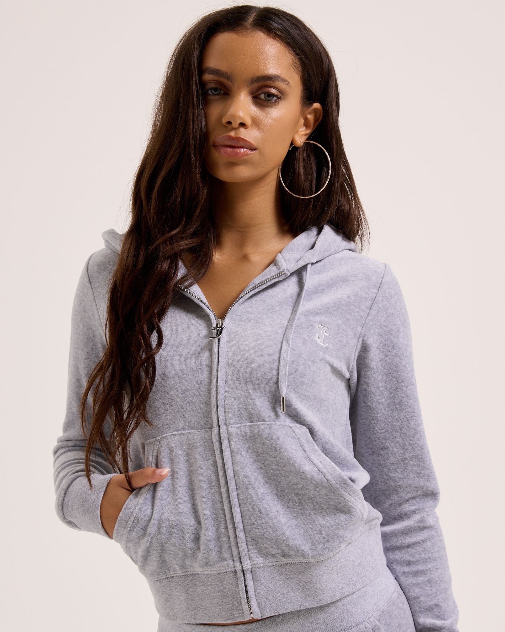 Juicy Couture Robertson Classic Velour Zip Hoodie Silver Marl